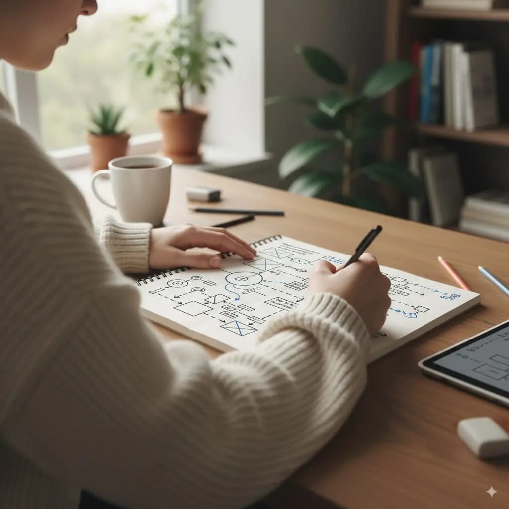 Persona planificando una estrategia de contenido en una pizarra.